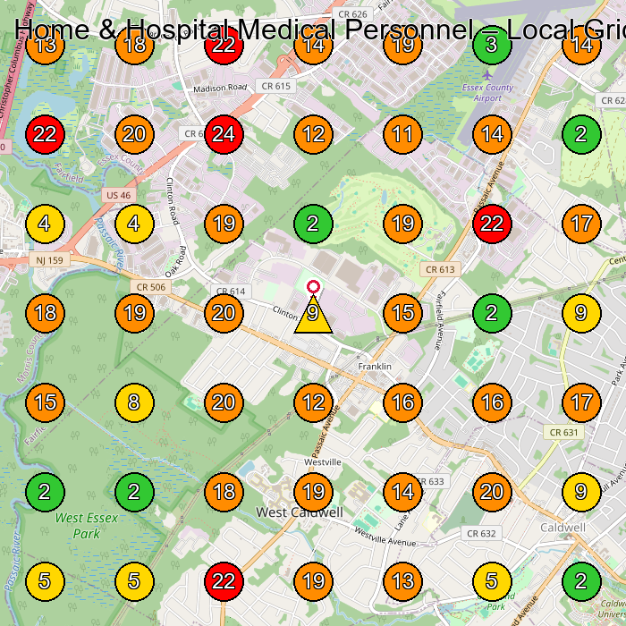 Home & Hospital Medical Personnel Home Health Care Service GeoGrid ranking map for West Caldwell NJ